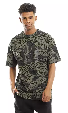 97351 Multiple Patterns Standard Fit T-Shirt - Olive & Black