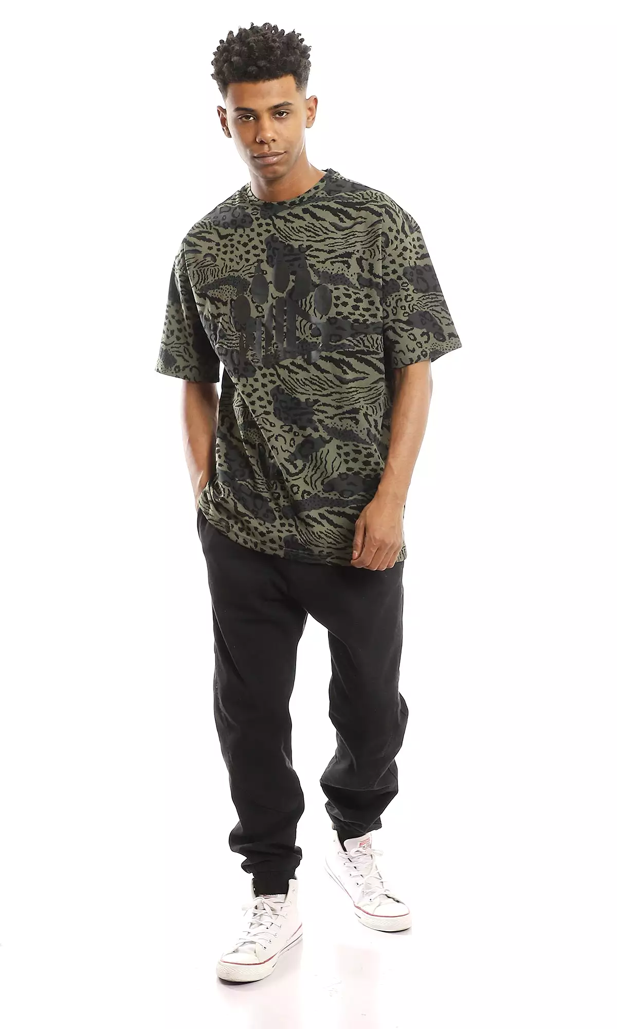 97351 Multiple Patterns Standard Fit T-Shirt - Olive & Black