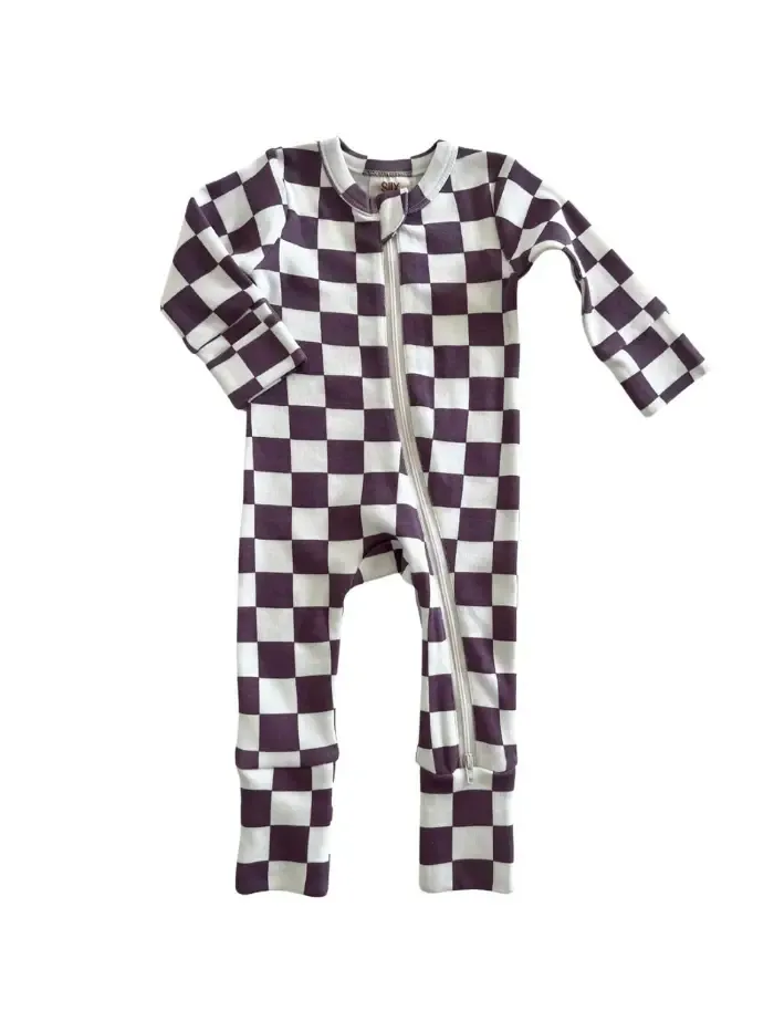 Berry Cheesecake Checkerboard / Organic 2-Way Zip Romper