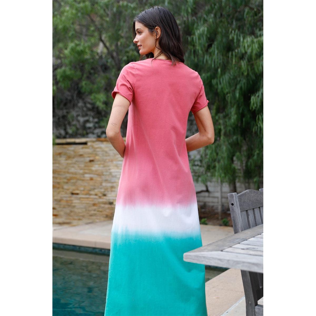 Brick Multi Color Cotton Tie-dye V-neck Maxi Dress