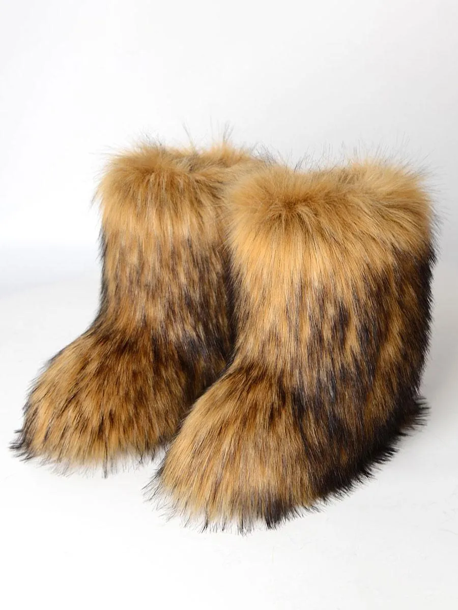 Brown Winter Boots Faux Fur Detail Round Toe Paw Bear Winter Boots