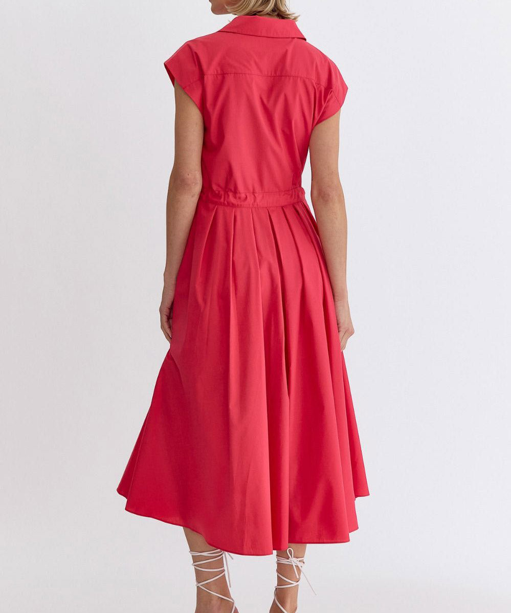 Button Down Cap Sleeve Midi Dress - Red