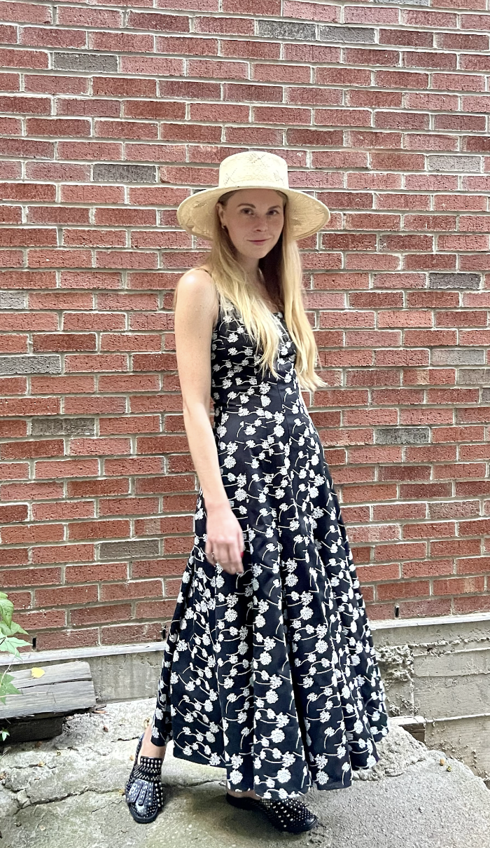 Cami dress in Black Cotton with Embroidered Queen Anne's Lace