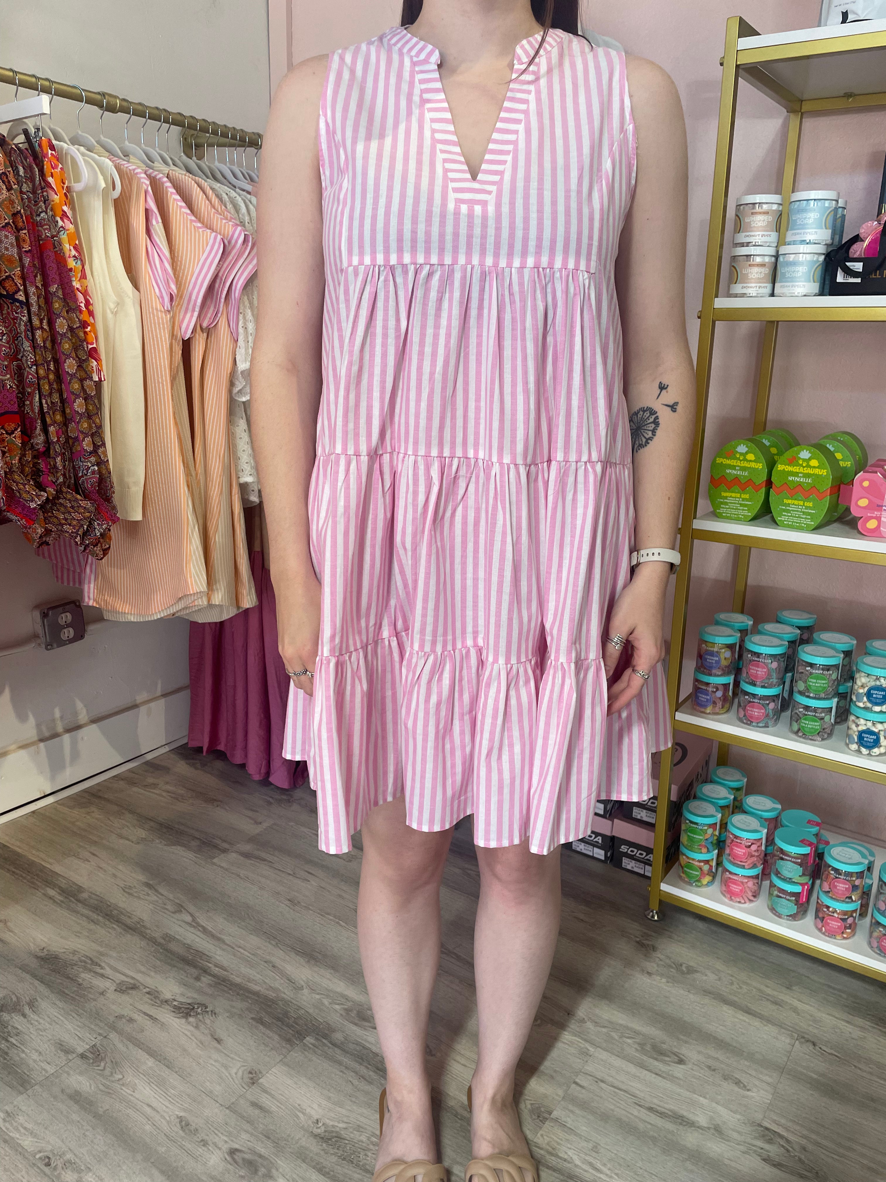 Cotton Stripe Dress - Pink