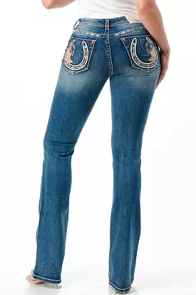 Horse Shoe with Boot Hats Embroidery Mid Rise Bootcut Jeans