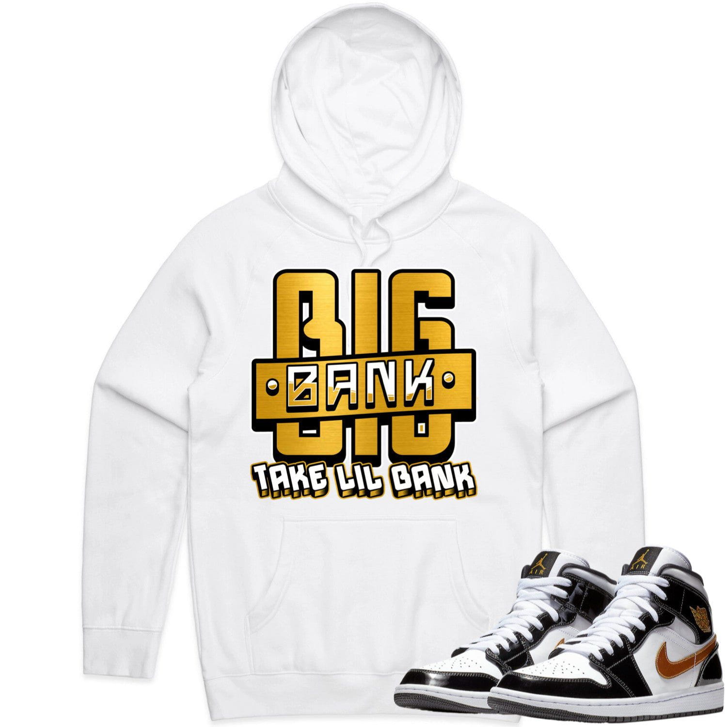 Jordan 1 Mid Patent Black Metallic Gold Hoodie to Match - GOLD METALLIC BIG BANK