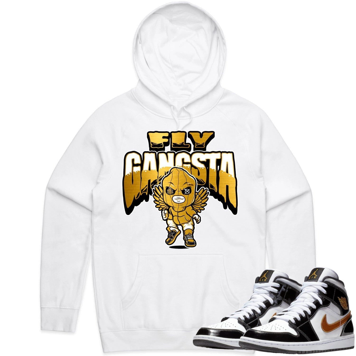 Jordan 1 Mid Patent Black Metallic Gold Hoodie to Match - GOLD METALLIC FLY GANGSTA