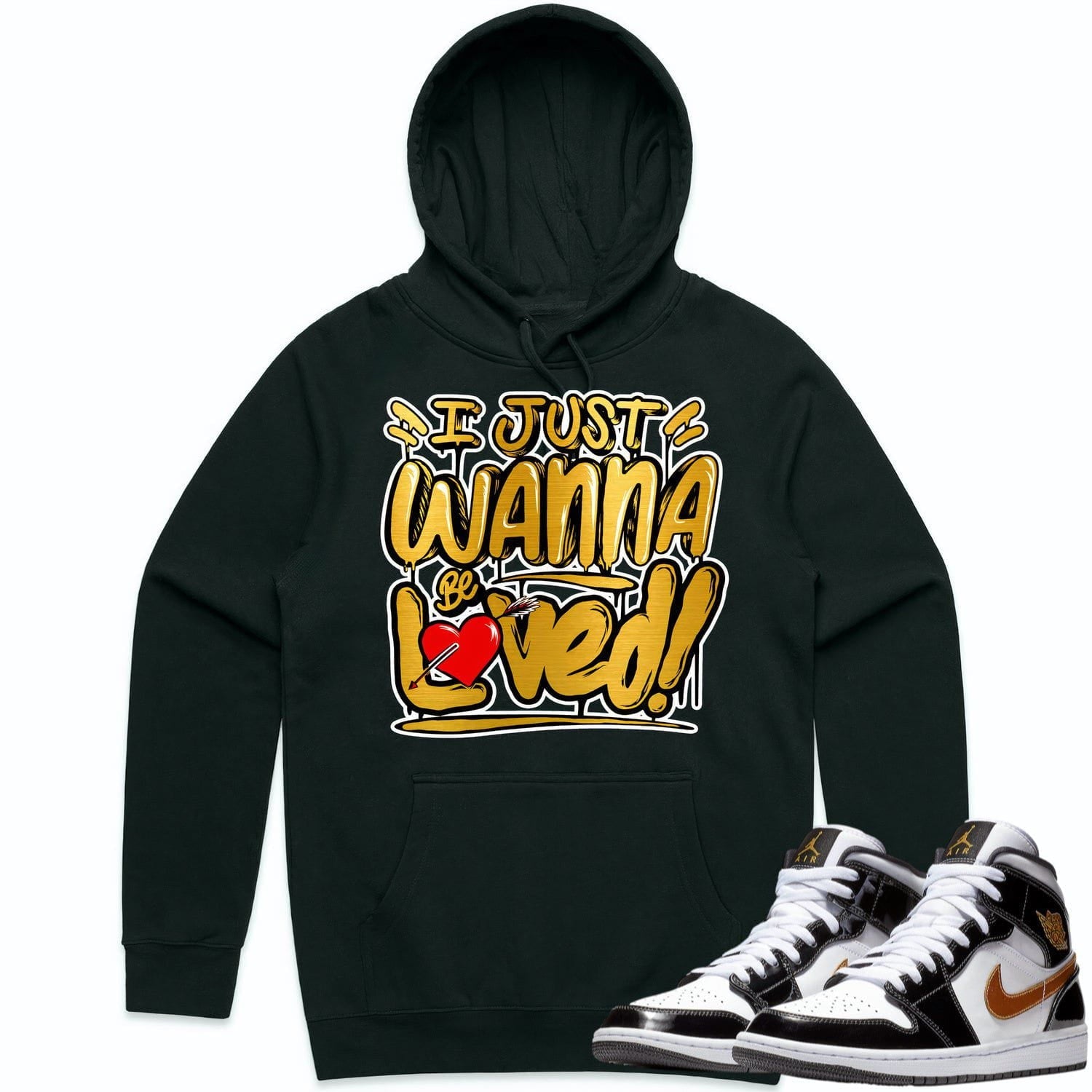 Jordan 1 Mid Patent Black Metallic Gold Hoodie to Match - GOLD METALLIC LOVED