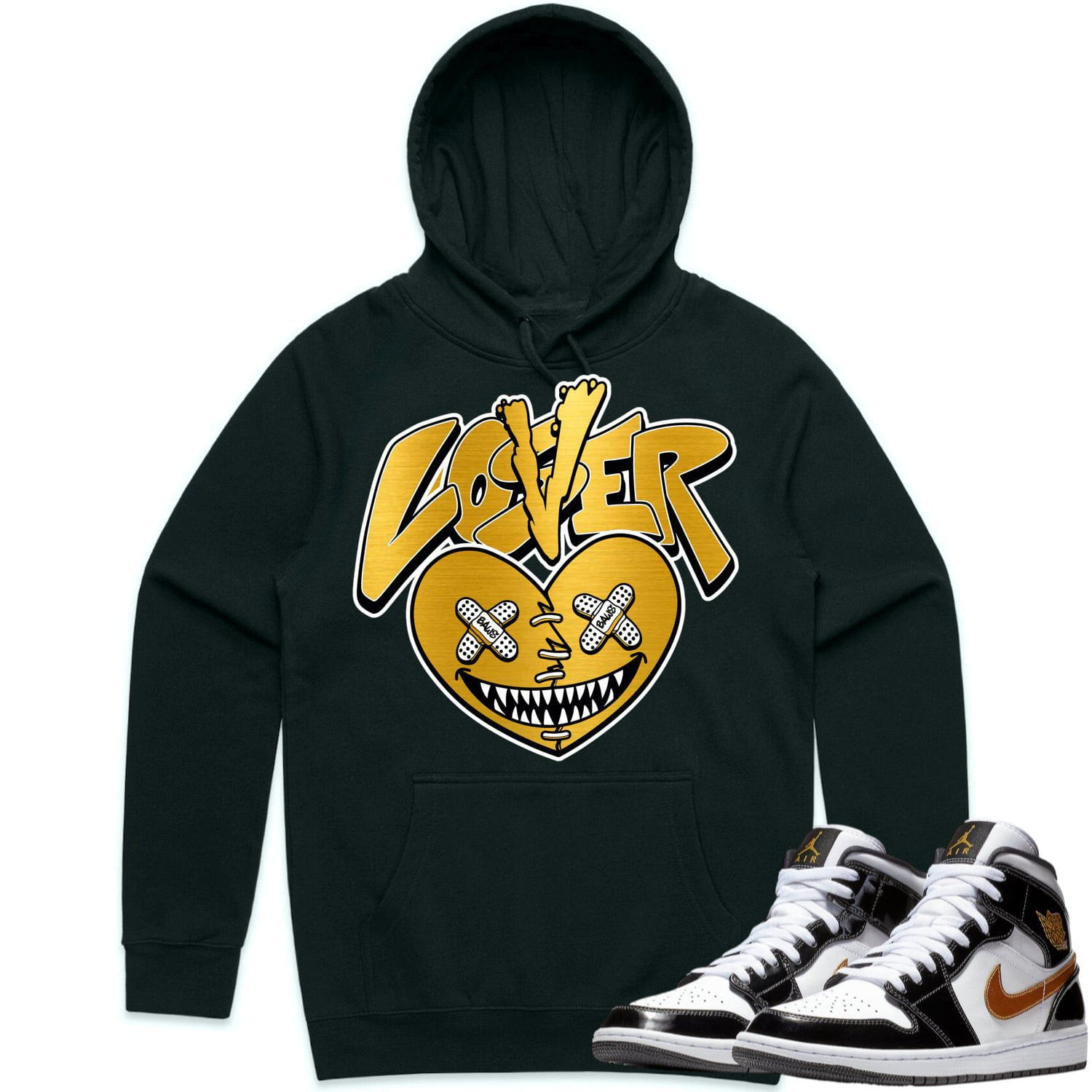 Jordan 1 Mid Patent Black Metallic Gold Hoodie to Match - GOLD METALLIC LOVER LOSER BAWS