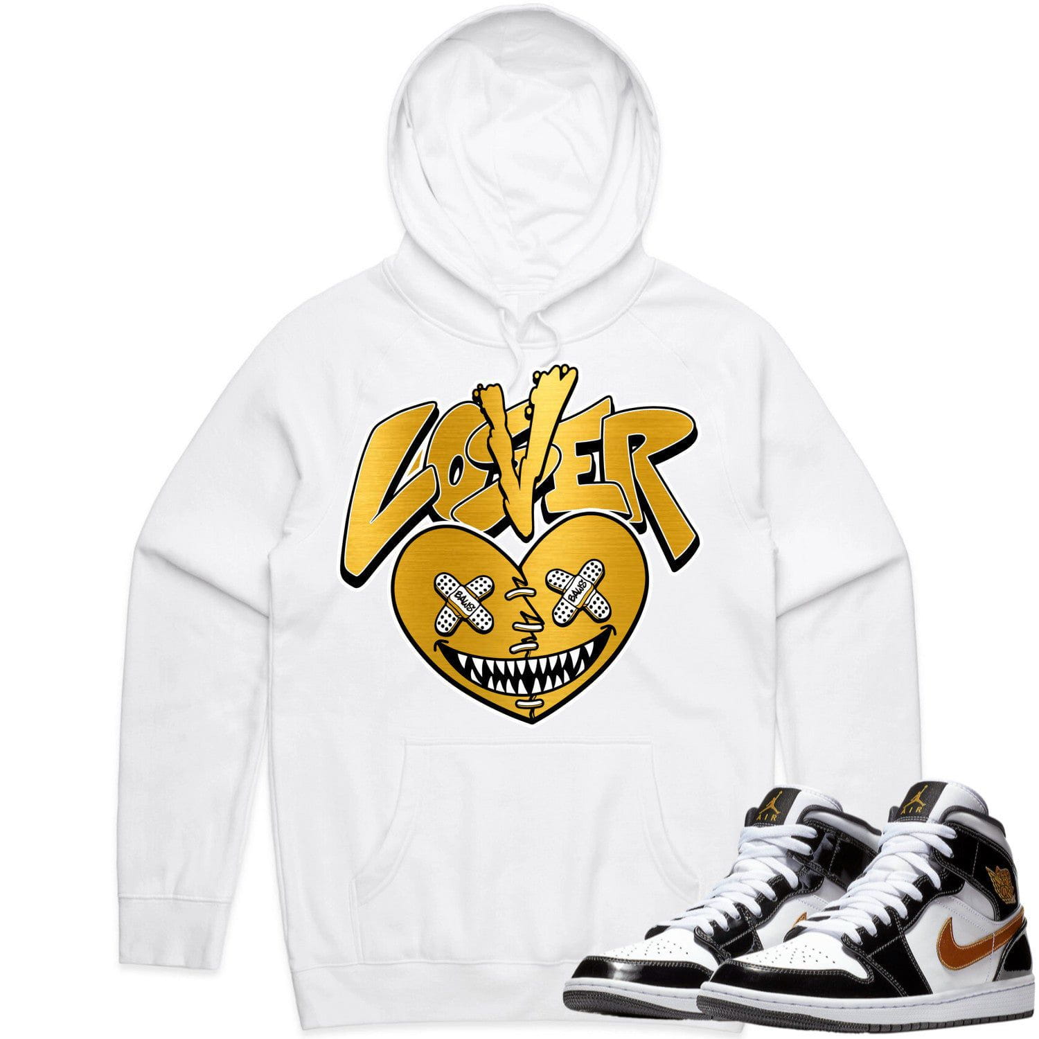 Jordan 1 Mid Patent Black Metallic Gold Hoodie to Match - GOLD METALLIC LOVER LOSER BAWS