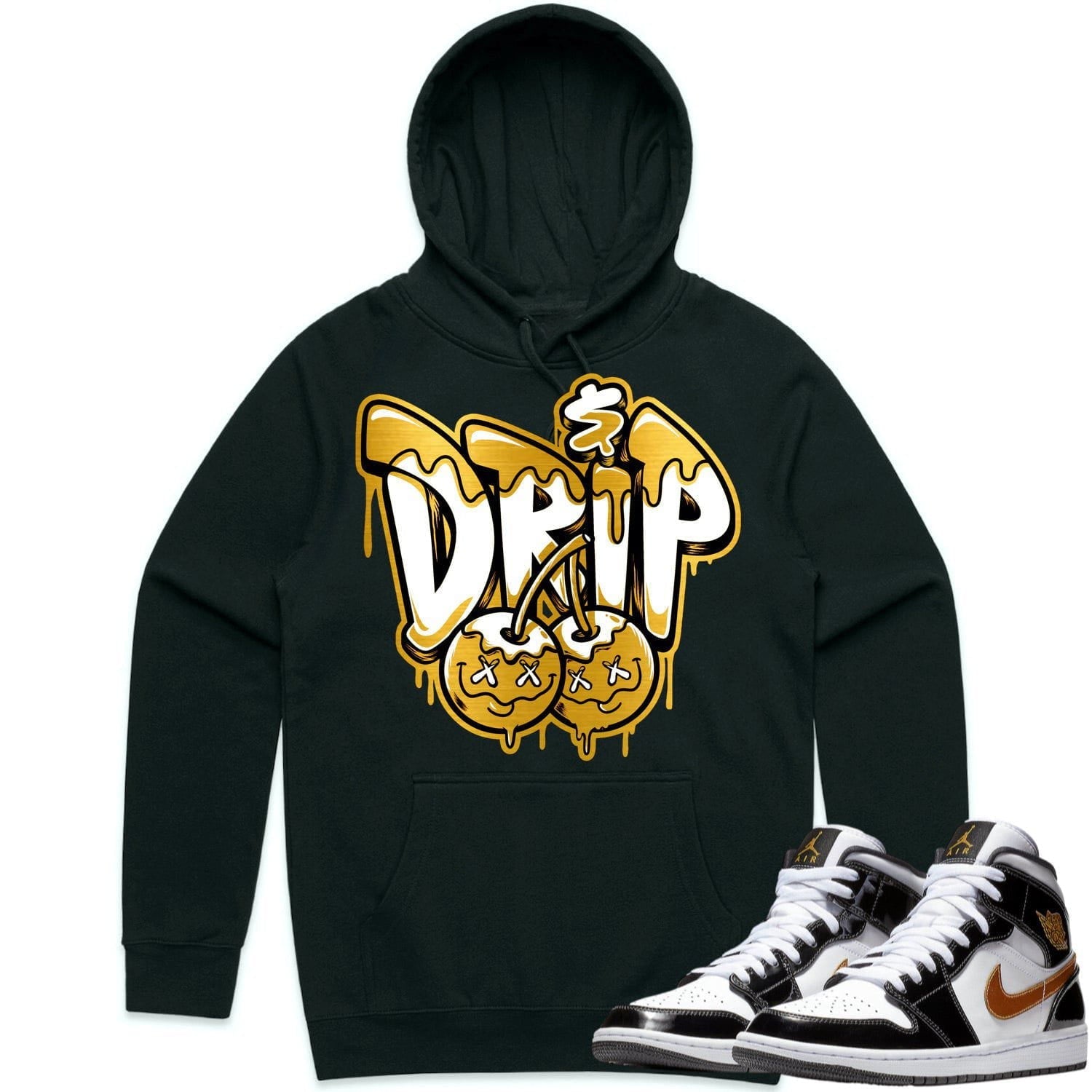 Jordan 1 Mid Patent Black Metallic Gold Hoodie to Match - GOLD METALLIC MONEY DRIP