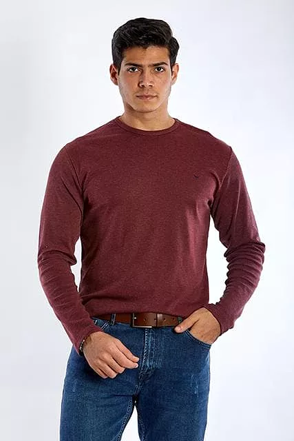 Long Sleeve Round Neck Plain T-Shirt - DARK WINE