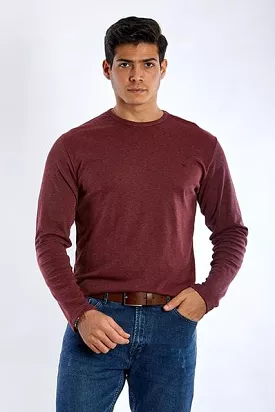 Long Sleeve Round Neck Plain T-Shirt - DARK WINE