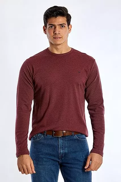 Long Sleeve Round Neck Plain T-Shirt - DARK WINE