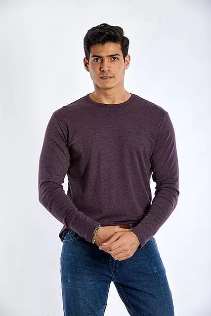 Long Sleeve Round Neck Plain T-Shirt - DARK WINE