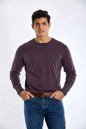 Long Sleeve Round Neck Plain T-Shirt - DARK WINE