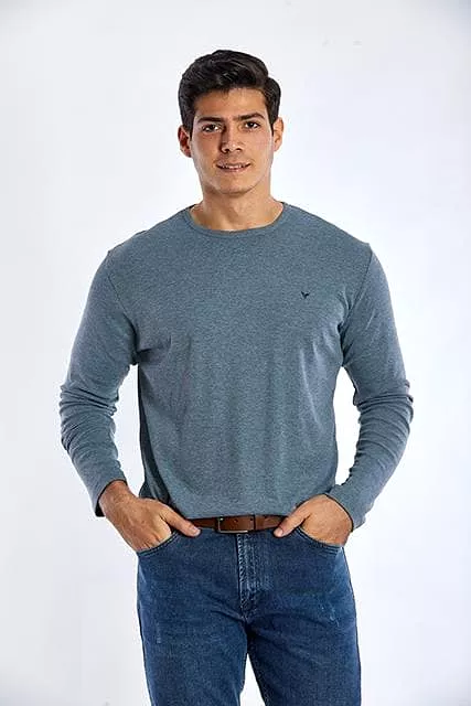 Long Sleeve Round Neck Plain T-Shirt - INDIGO