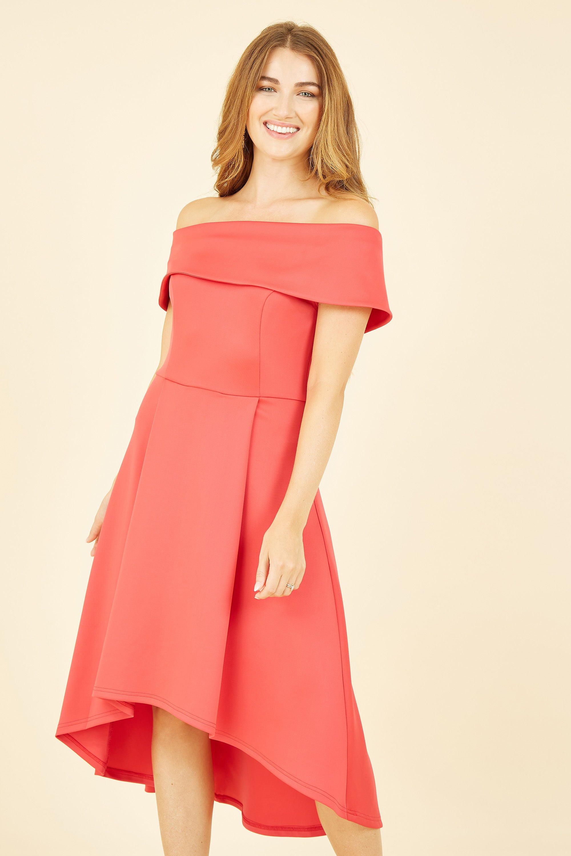 Mela London Red Bardot Dipped Hem Dress