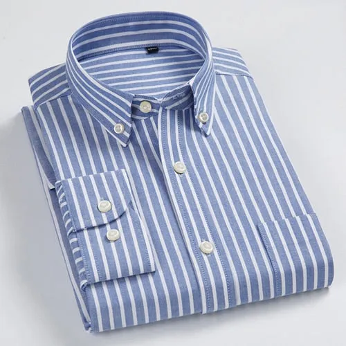 Men's Striped Cotton Chest Pocket Standard-fit Oxford Long Sleeve Shirt