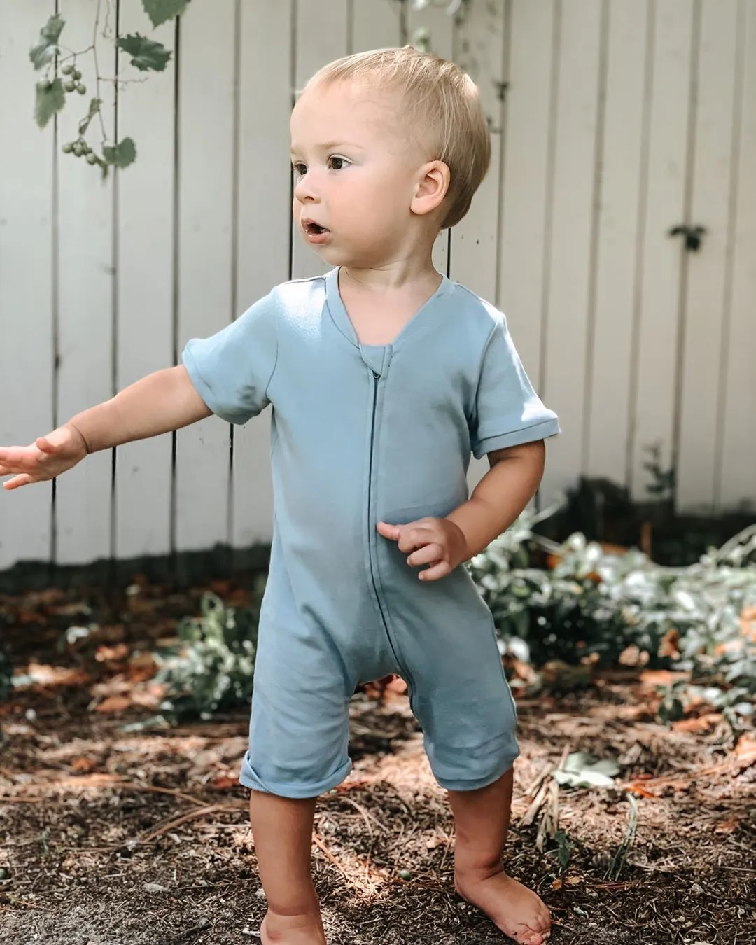 Organic Short Sleeve Zip Romper -  Colors