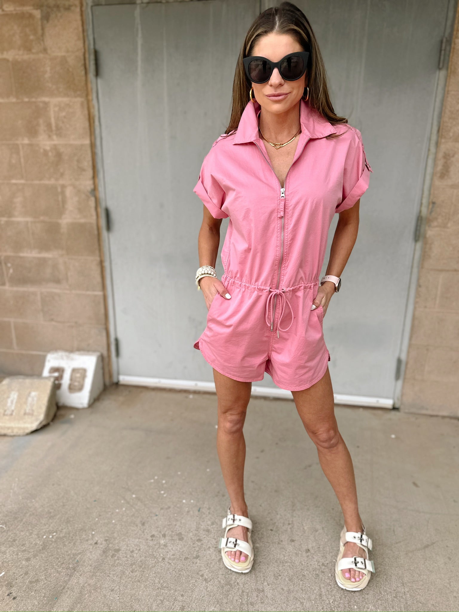 Pistola Meg Short Sleeve Zip Front Romper | Flamingo