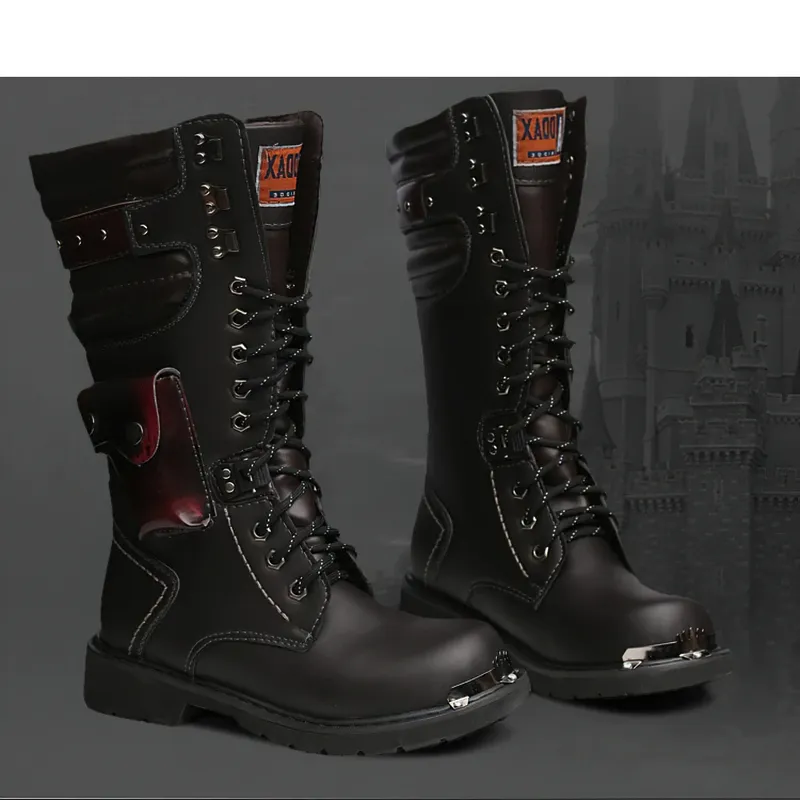 Punk Men's Genuine Leather Boots with Pocket / Lace up Motorcycle Boots / Knee-High Boots