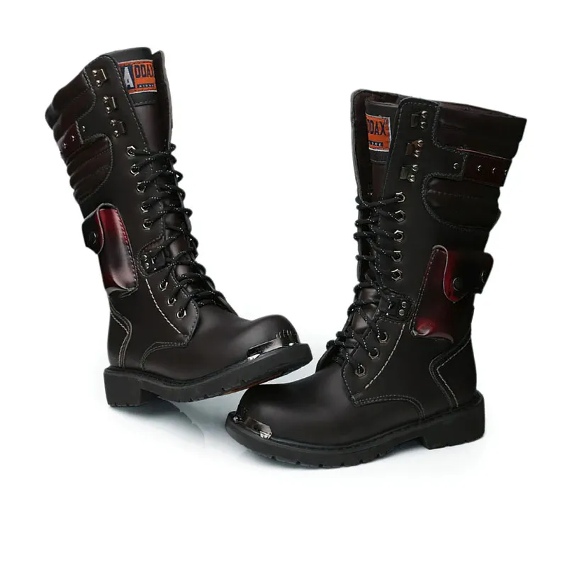 Punk Men's Genuine Leather Boots with Pocket / Lace up Motorcycle Boots / Knee-High Boots