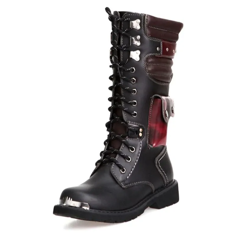 Punk Men's Genuine Leather Boots with Pocket / Lace up Motorcycle Boots / Knee-High Boots