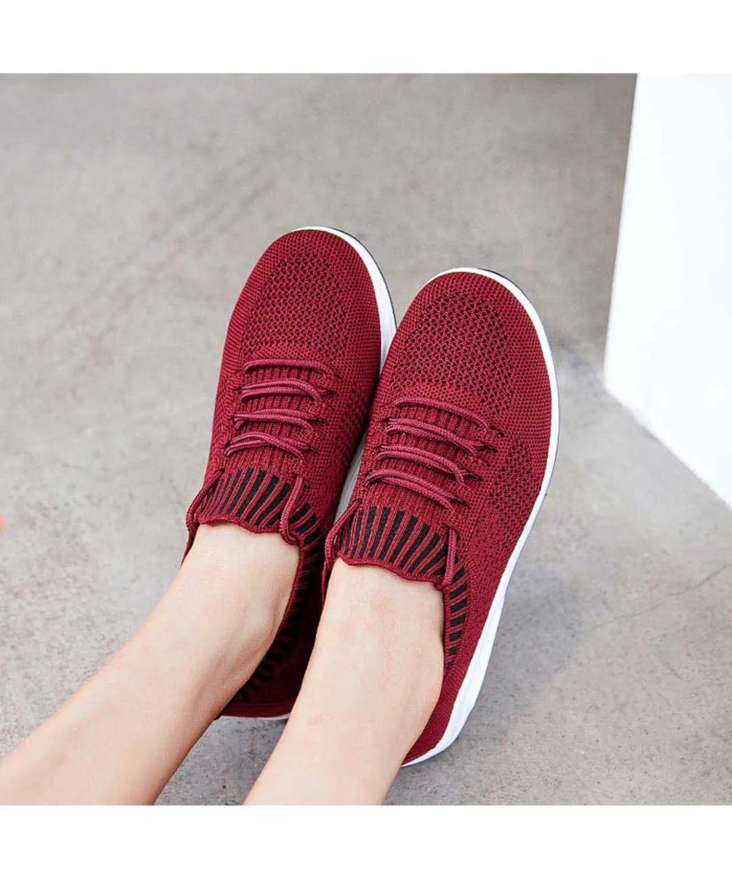 Red flyknit textured rocker bottom shoe sneaker