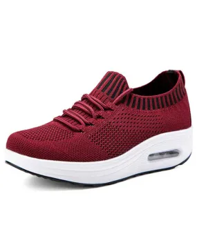 Red flyknit textured rocker bottom shoe sneaker