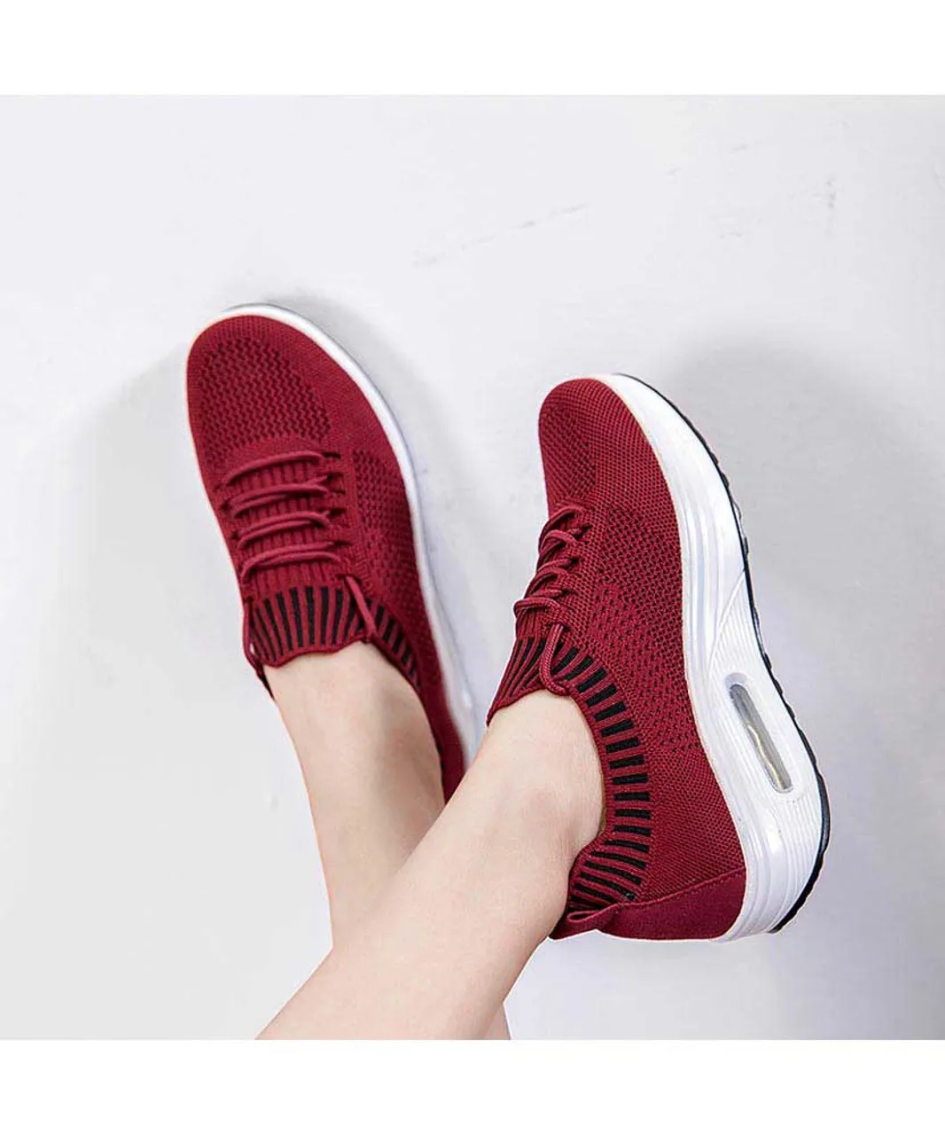 Red flyknit textured rocker bottom shoe sneaker