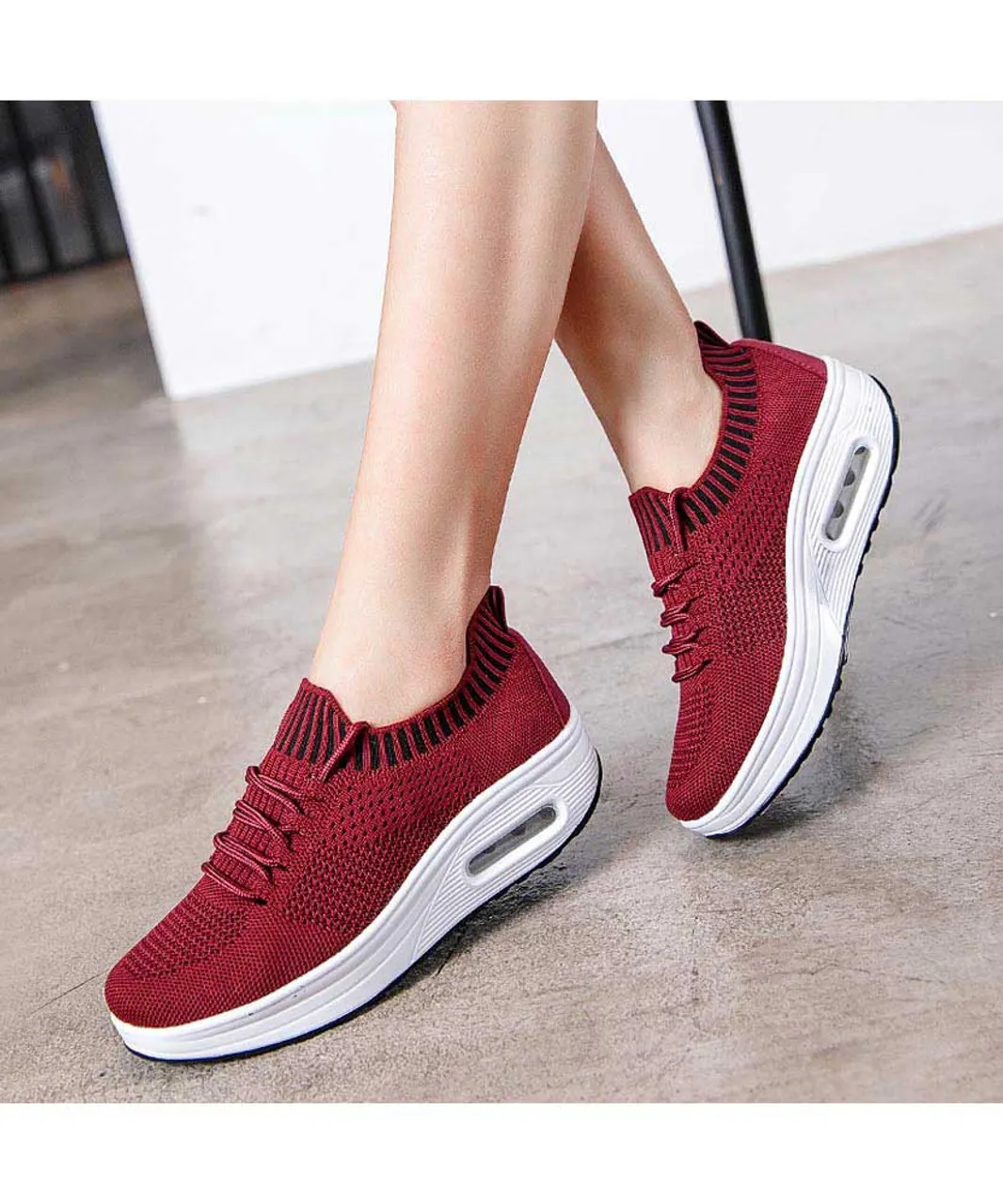 Red flyknit textured rocker bottom shoe sneaker