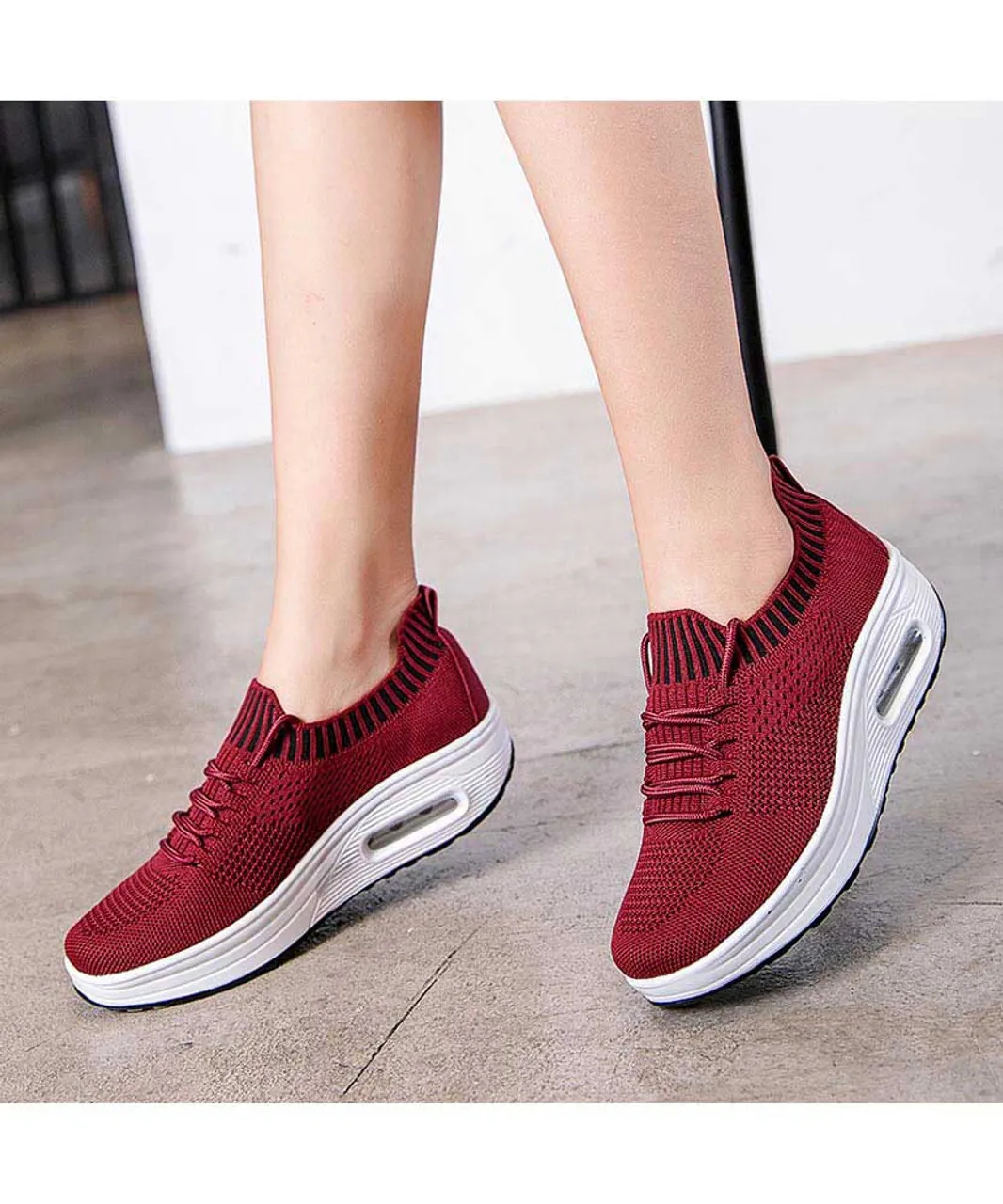 Red flyknit textured rocker bottom shoe sneaker