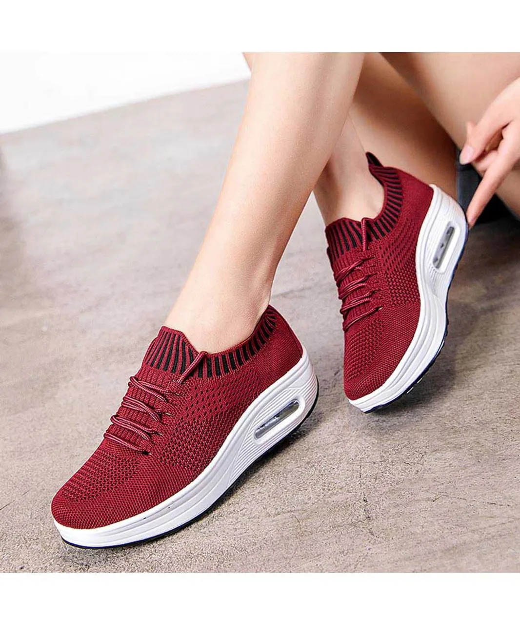 Red flyknit textured rocker bottom shoe sneaker