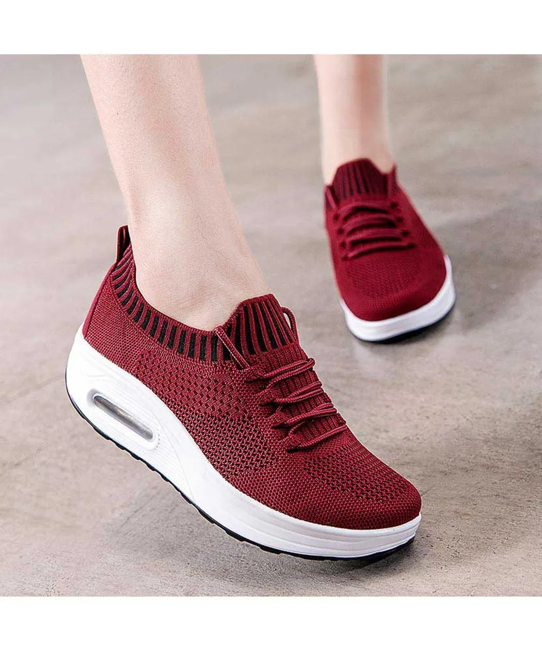 Red flyknit textured rocker bottom shoe sneaker