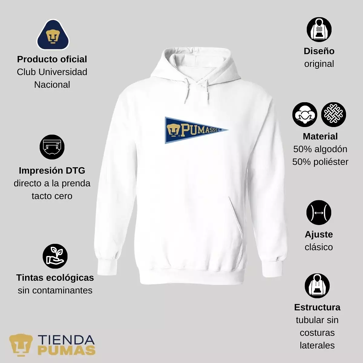 Sudadera Hombre Hoodie Pumas UNAM Banderín