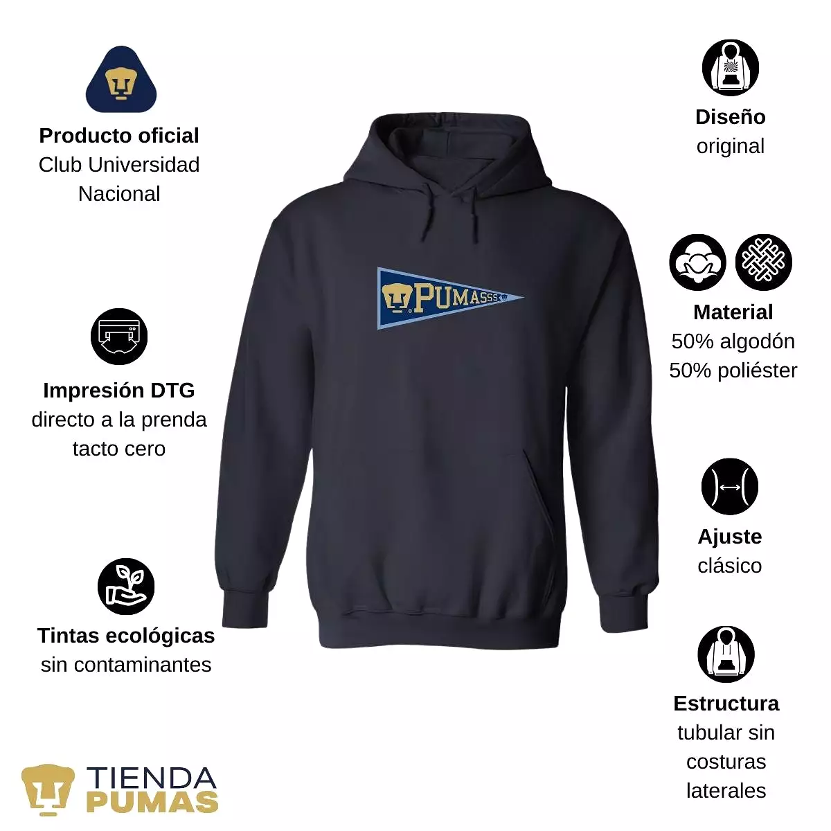 Sudadera Hombre Hoodie Pumas UNAM Banderín