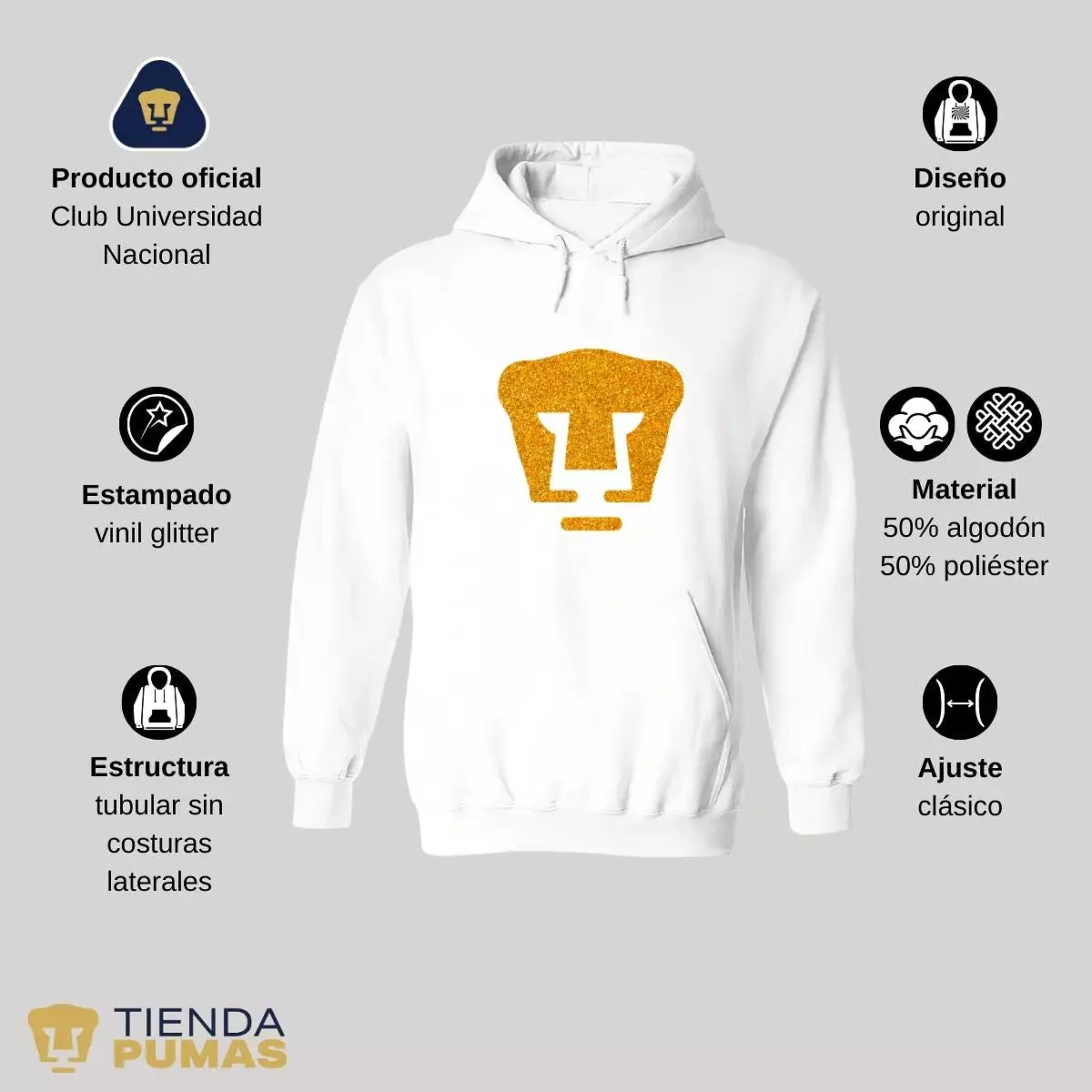 Sudadera Hombre Hoodie Pumas UNAM Logo Dorado Glitter