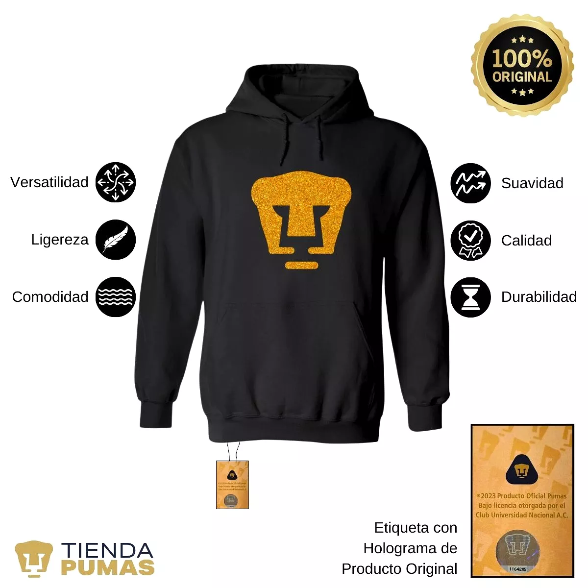 Sudadera Hombre Hoodie Pumas UNAM Logo Dorado Glitter