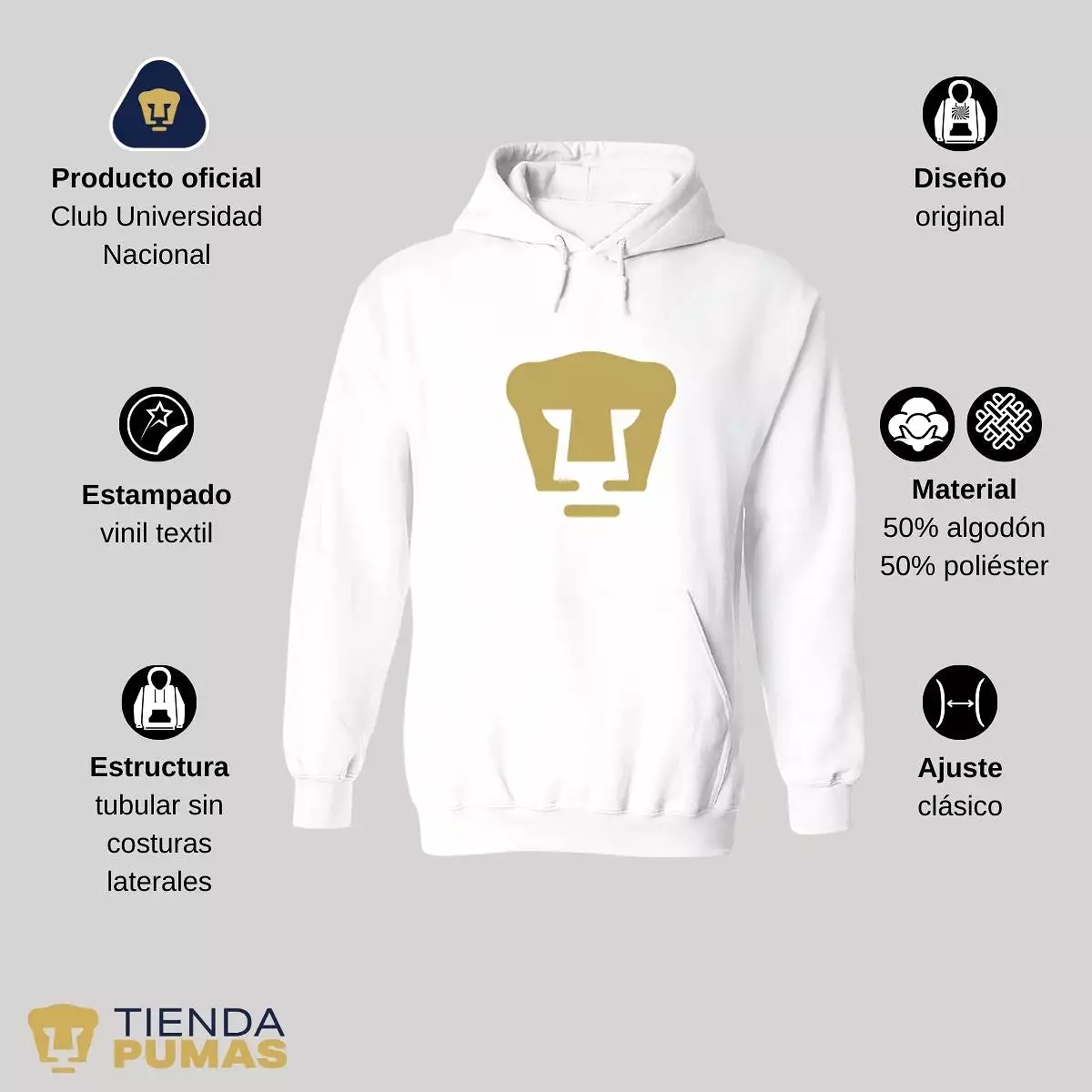 Sudadera Hombre Hoodie Pumas UNAM Logo Dorado Vinil