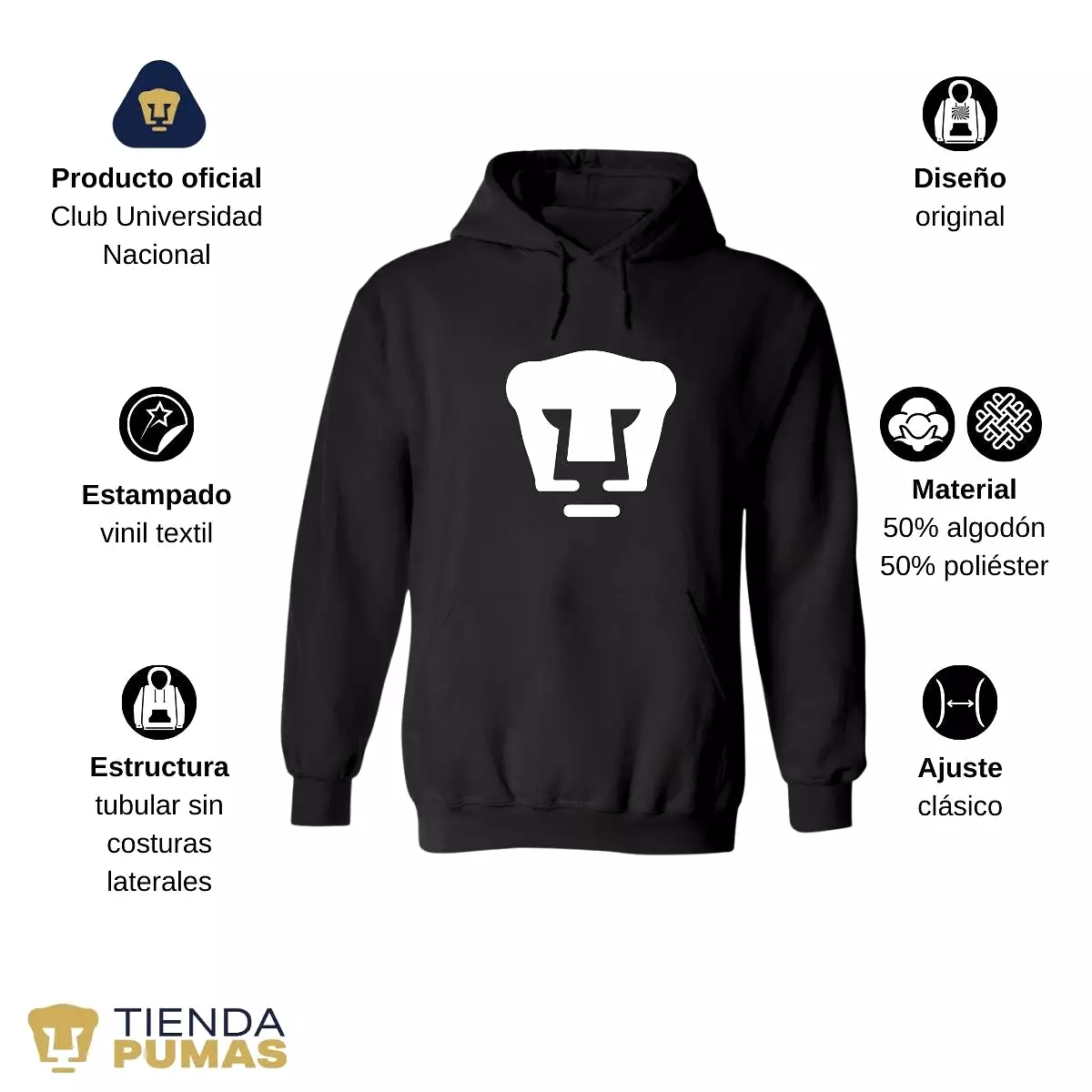 Sudadera Hombre Hoodie Pumas UNAM Logo Monocromatico Vinil