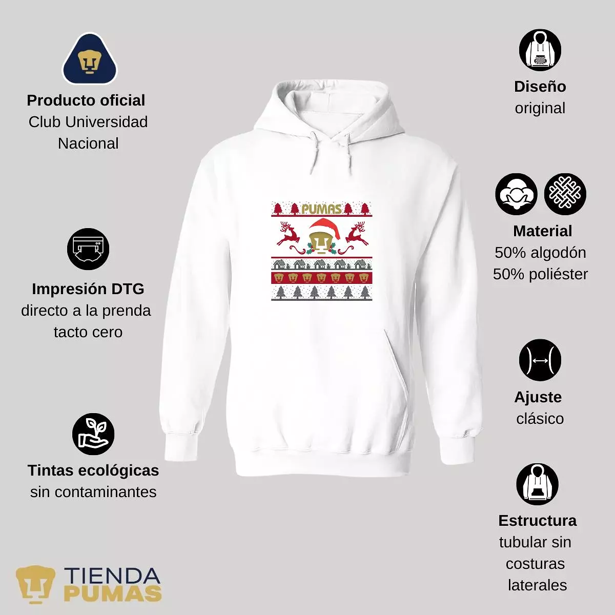 Sudadera Hombre Hoodie  Pumas UNAM Navidad Renos