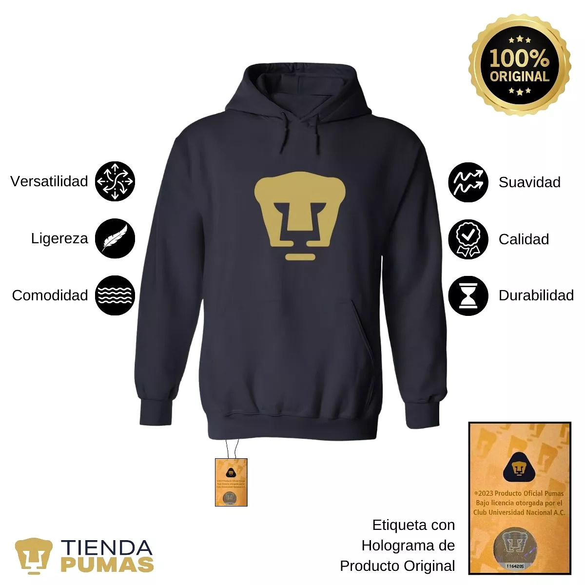 Sudadera Mujer Hoodie Pumas UNAM Logo Dorado Vinil