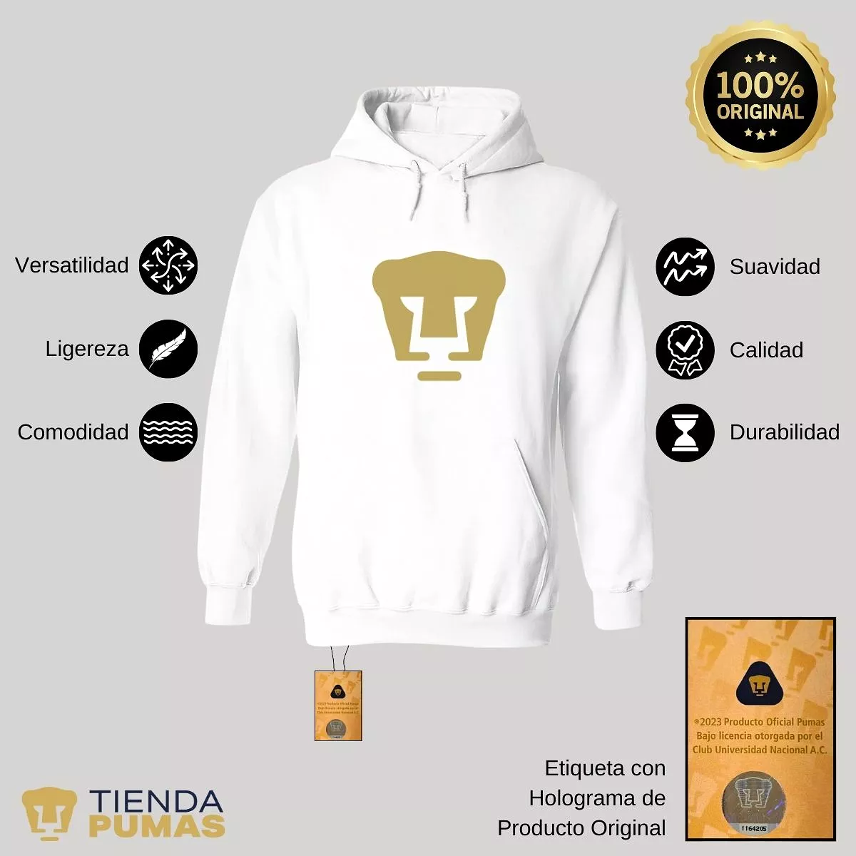 Sudadera Mujer Hoodie Pumas UNAM Logo Dorado Vinil