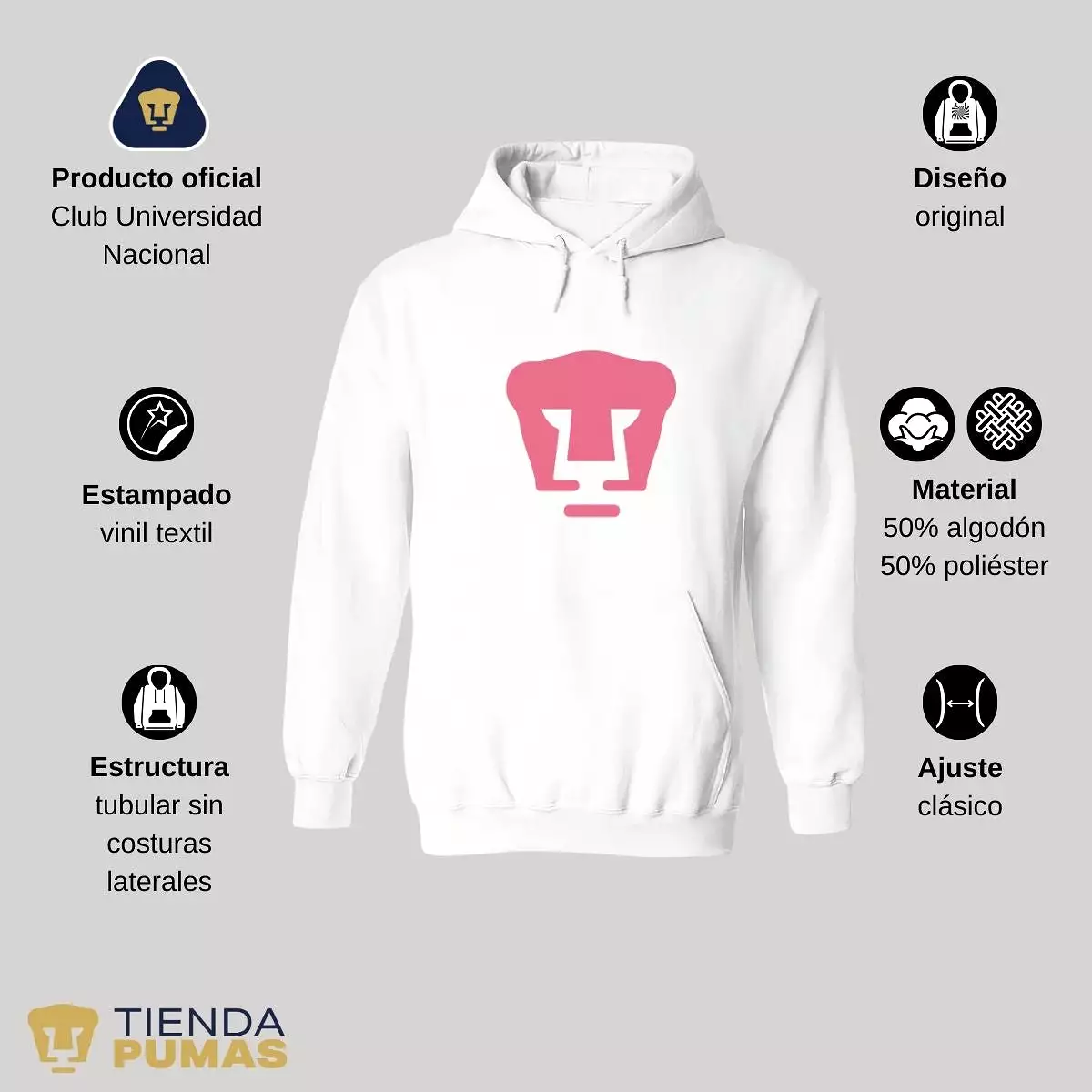 Sudadera Mujer Hoodie Pumas UNAM Logo Rosa Vinil