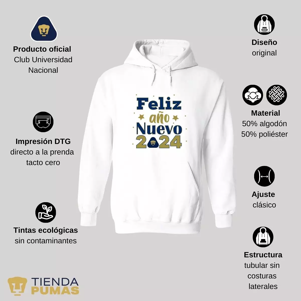 Sudadera Para Mujer Hoodie Pumas UNAM Feliz Ao Nuevo