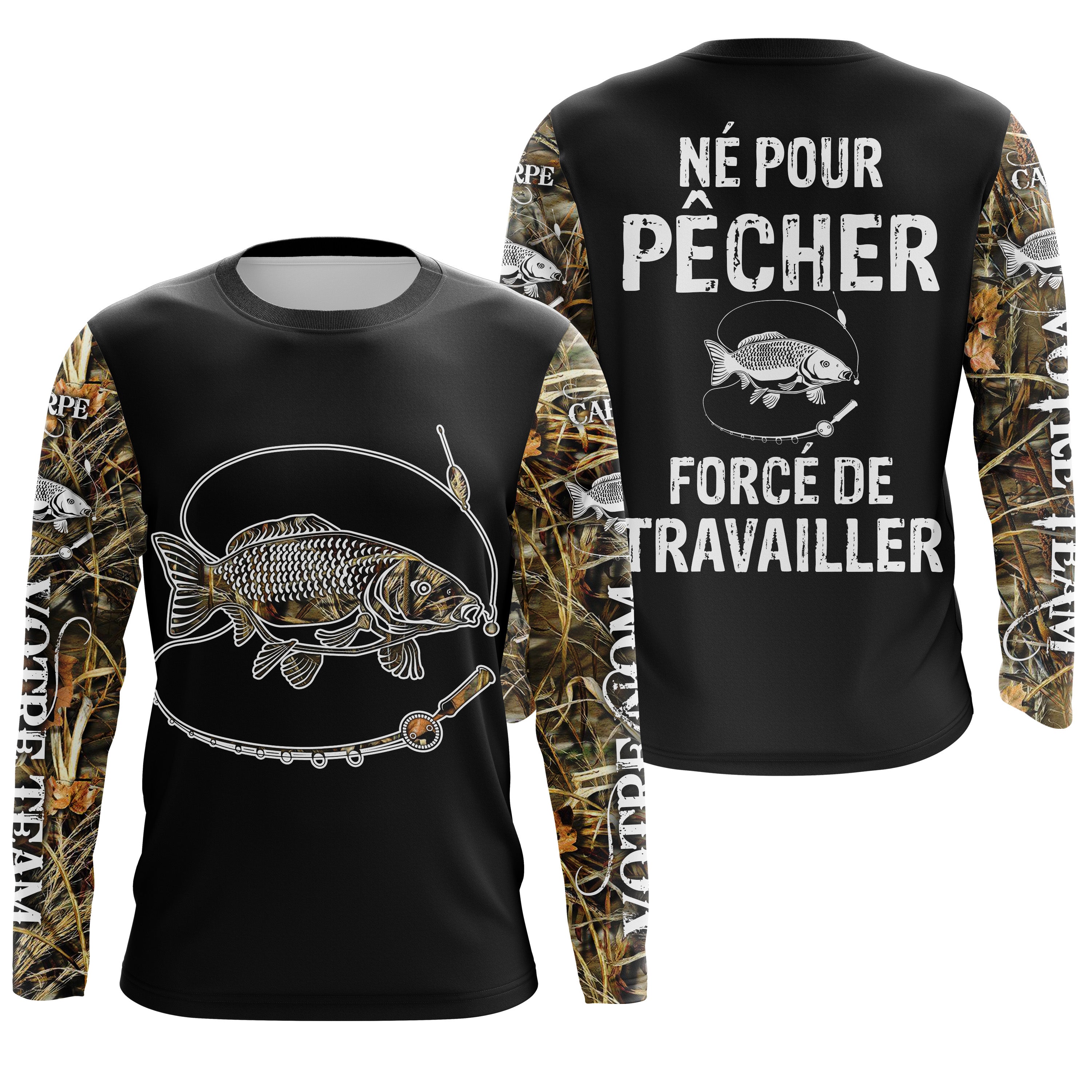 T-shirt Anti UV de Pêche 'Né Pour Pêcher' - Confort Durable et Design Pêcheur, Cadeau Idéal pour Passionnés de Carpe - CT2407202