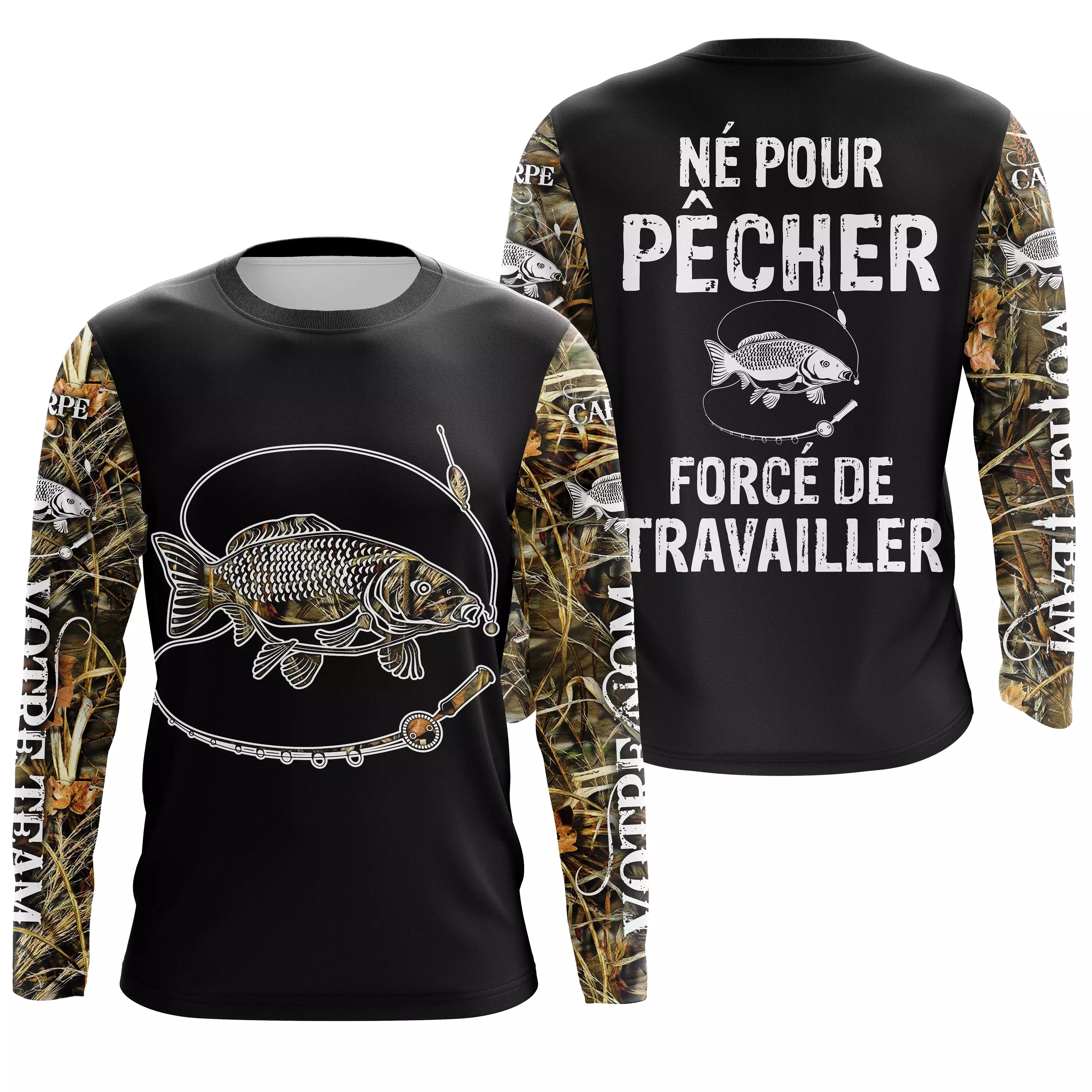 T-shirt Anti UV de Pêche 'Né Pour Pêcher' - Confort Durable et Design Pêcheur, Cadeau Idéal pour Passionnés de Carpe - CT2407202