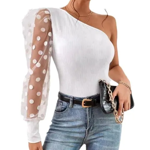 Women's Blouse Long Sleeve T-Shirts Patchwork Streetwear Polka Dots