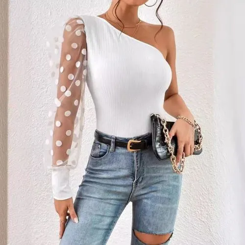 Women's Blouse Long Sleeve T-Shirts Patchwork Streetwear Polka Dots